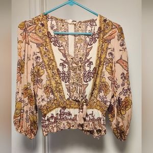 Gypsy Love Cropped Floral Boho Balloon Sleeve Top Size Medium